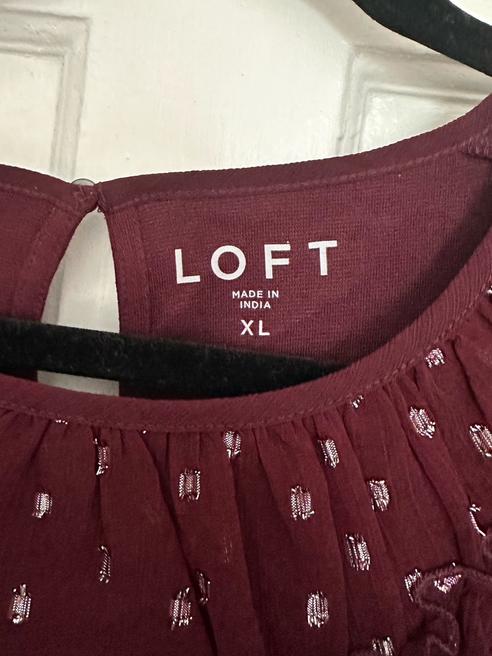 XL Burgundy shimmer-dotted ruffle yoke mixed media top from LOFT - Picture 5 of 5